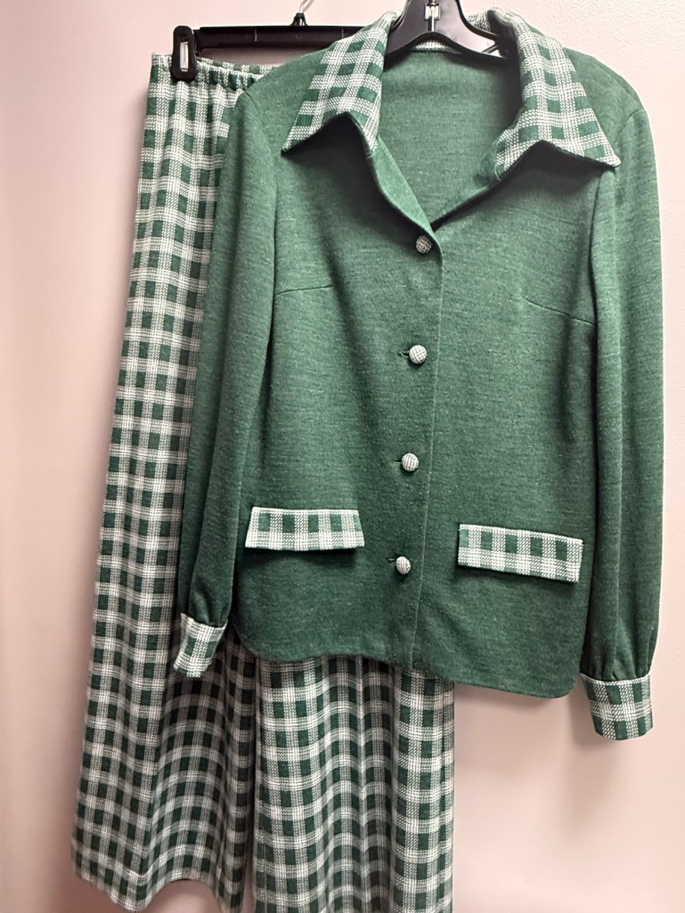 GUVC Handmade Vintage Green/White Plaid 2-Piece Pants + Top/Jacket Set Women’ L